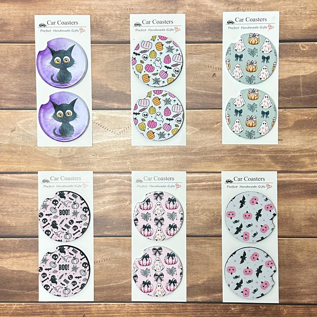 Halloween Car Coasters, spooky car coasters, cute Halloween coaster, pastel Halloween coasters, cute ghost coaster, pink Halloween, coquette