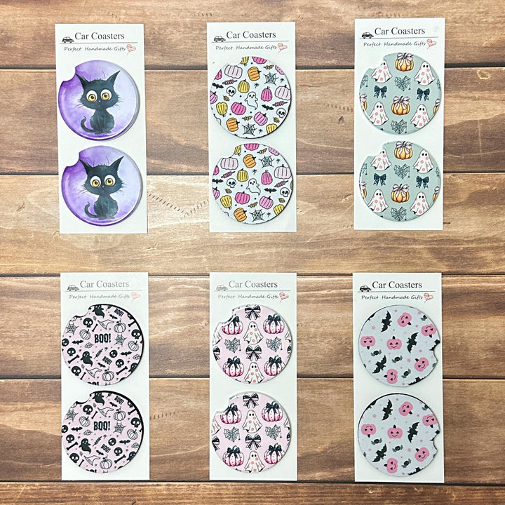 Halloween Car Coasters, spooky car coasters, cute Halloween coaster, pastel Halloween coasters, cute ghost coaster, pink Halloween, coquette