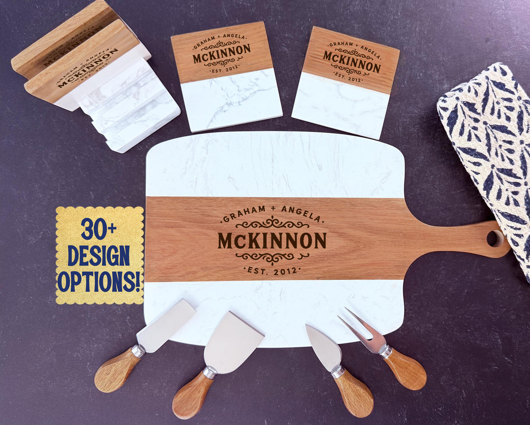 Marble & Acacia Serving Board and Charcuterie Set