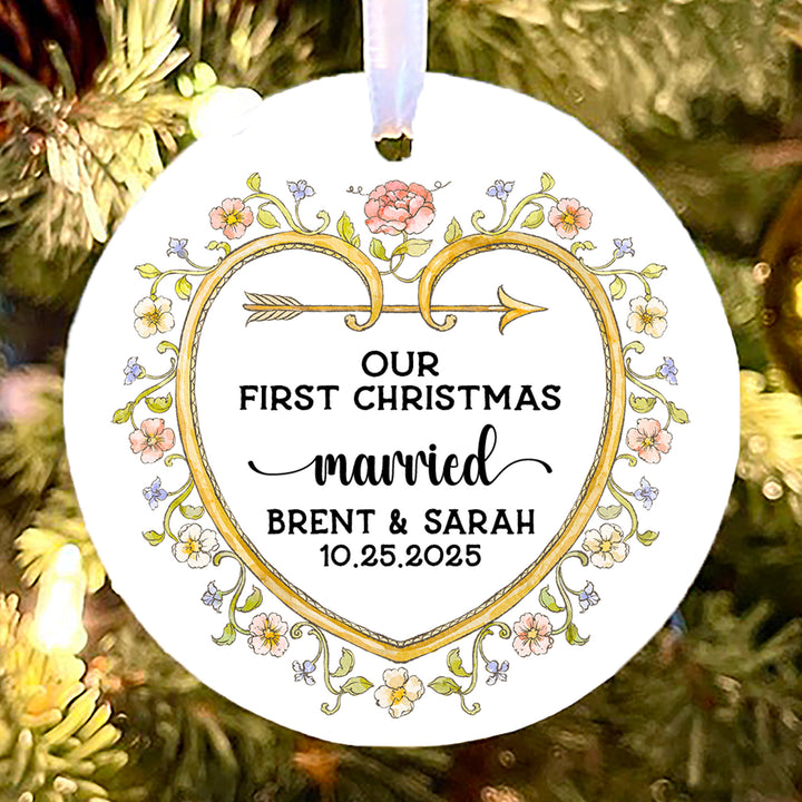 Vintage Heart Frame First Christmas Married Personalized Ornament