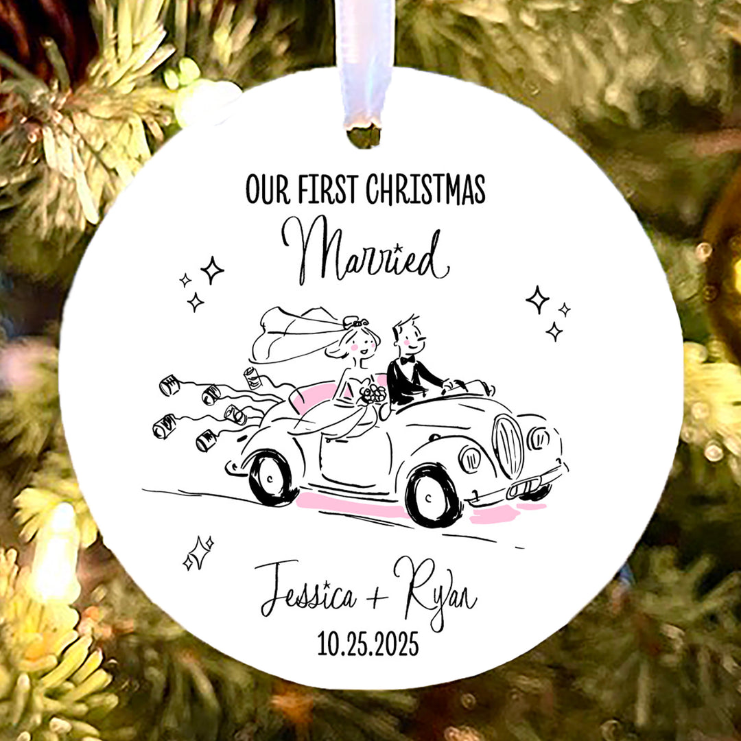 Retro Just Married Car with Bride & Groom Personalized Ornament