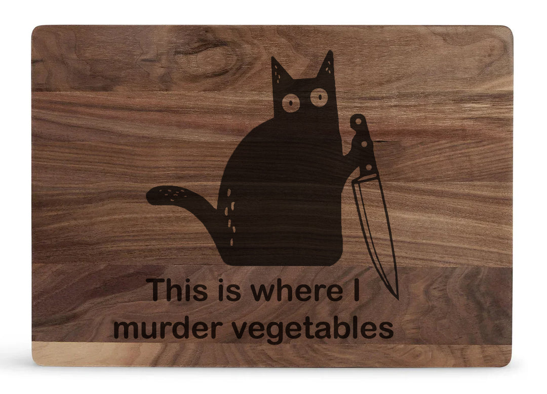 Engraved Walnut Cutting Board with Knife Wielding Cat